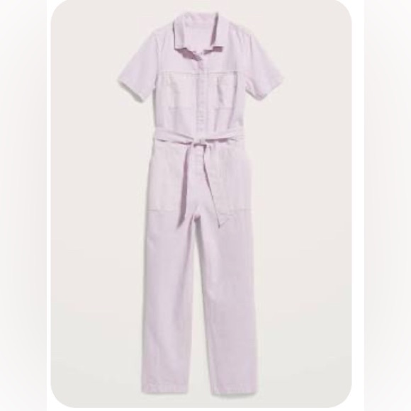 Short-Sleeve Cropped Tie-Belt Utility Non-Stretch Jean Jumpsuit | Orchid Petal - Picture 3 of 6